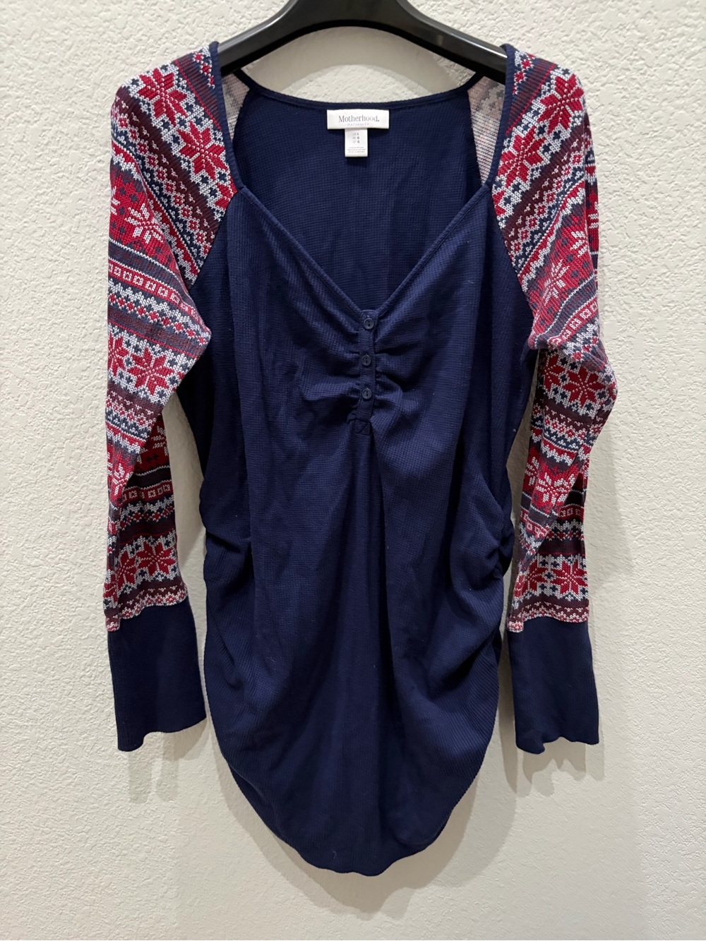 Motherhood Maternity Navy Henley Top with Patterned Red Sleeve Accents, Sz L